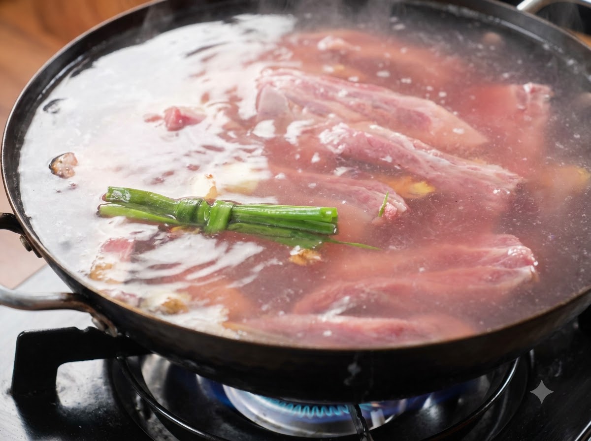 Côtes de bœuf mijotant dans leau à lintérieur dun wok sur un feu de gaz, avec de la vapeur sélevant du liquide chaud.