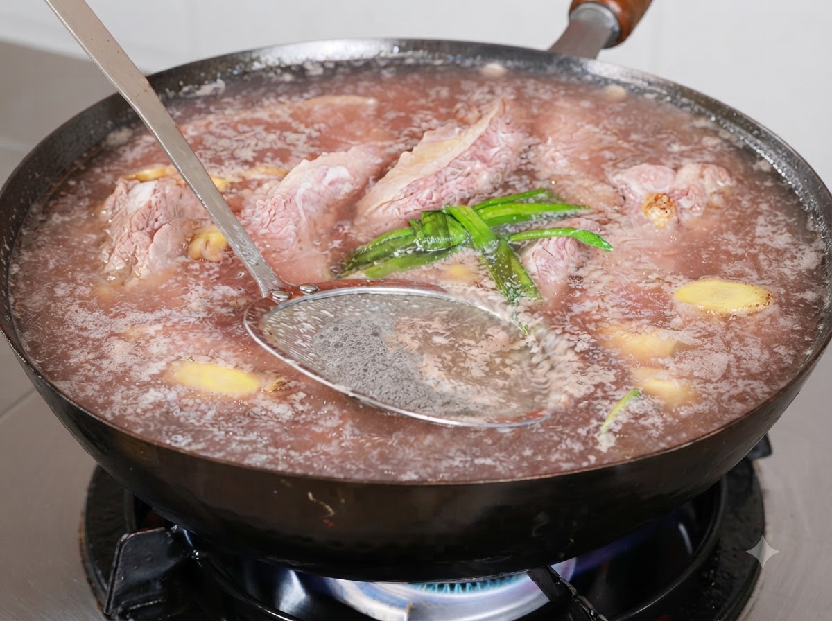 Une écumoire en métal retirant la mousse brune de la surface du bouillon de bœuf en ébullition dans un wok.