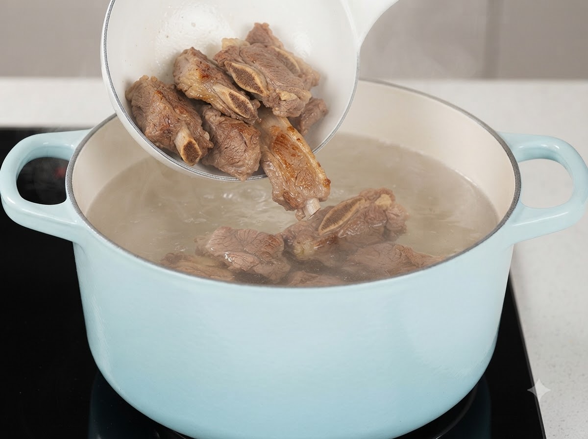 Une louche transférant des morceaux de côtes de bœuf cuites dans une casserole bleu clair remplie deau bouillante.