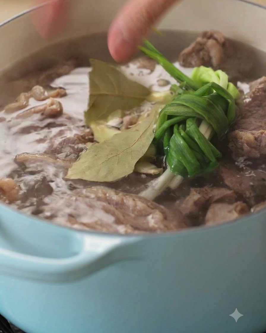 Gros plan daromates et dépices jetés dans une casserole de bœuf frémissante.