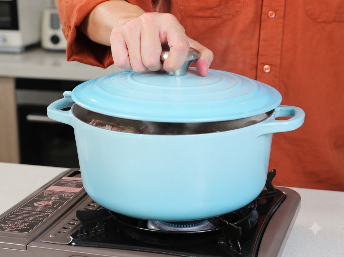 Une personne posant un couvercle bleu assorti sur une casserole en céramique bleu clair posée sur un réchaud portable.