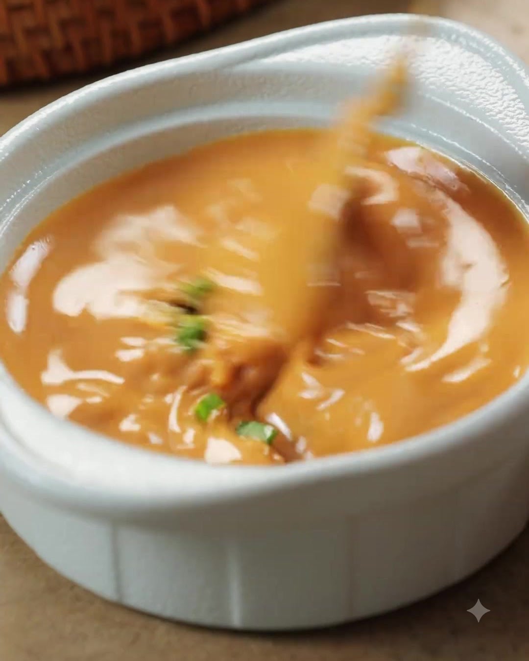 Une cuillère mélangeant une sauce épaisse de couleur orange-brun à base de pâte de sésame dans un petit bol blanc.