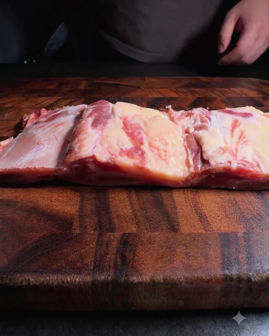 Côtes de bœuf en train dêtre tranchées sur une planche en bois.