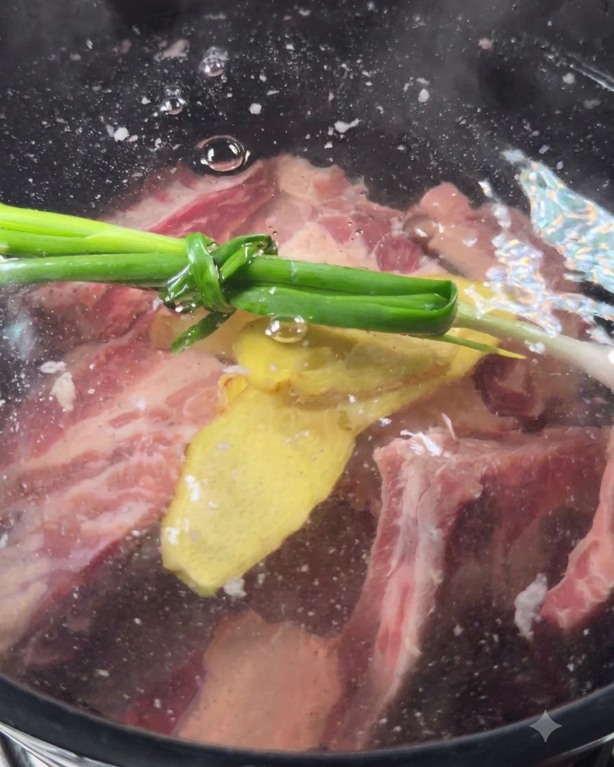 Ciboulette et gingembre flottant dans la casserole avec le bœuf.