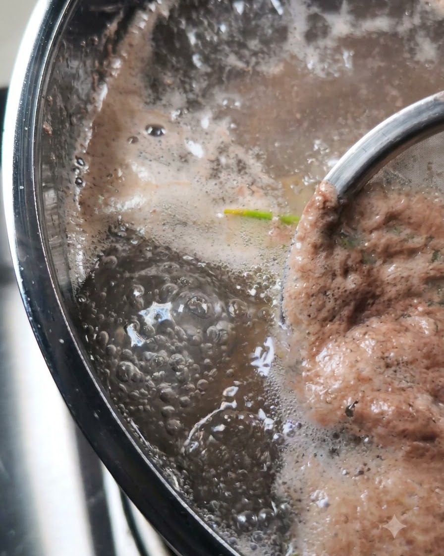 Une écumoire retirant la mousse de la casserole en ébullition.