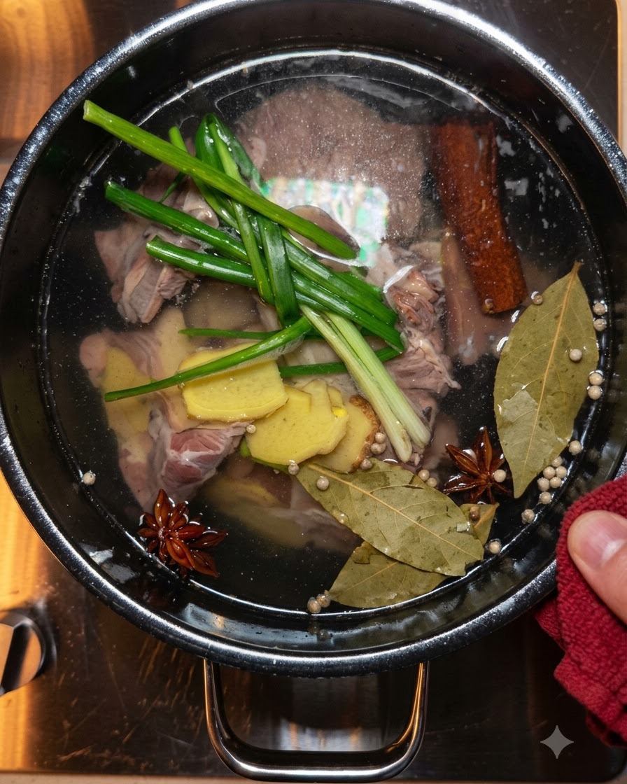 Épices et aromates mijotant dans la casserole avec le bœuf.