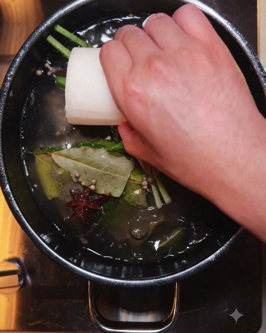 Un radis blanc entier plongé dans une grande casserole de cuisson sombre remplie de bouillon et dépices aromatiques.