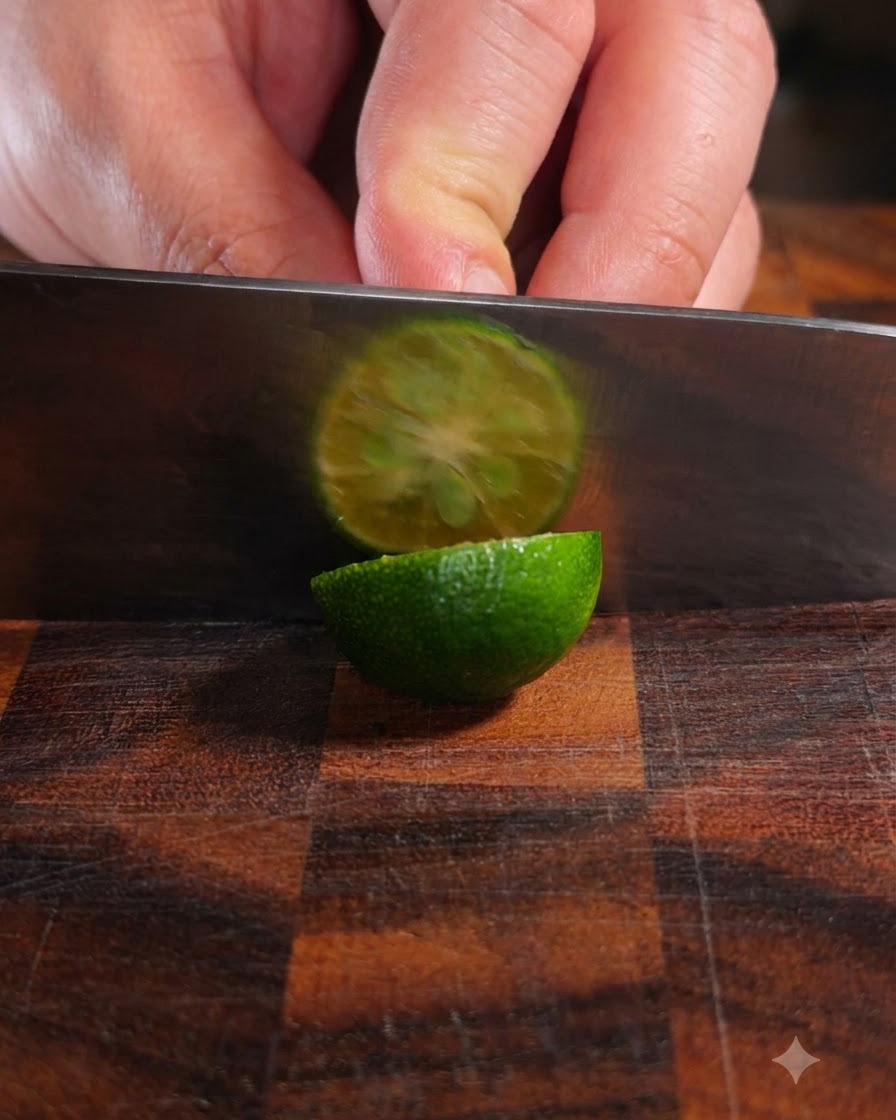 Un couteau bien aiguisé coupant un kumquat vert frais sur une planche à découper en bois.