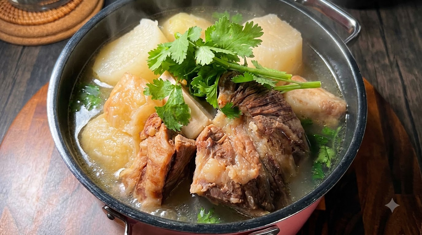 Une cocotte remplie de côtes de bœuf mijotées et de morceaux de radis blanc, parsemée de coriandre fraîche