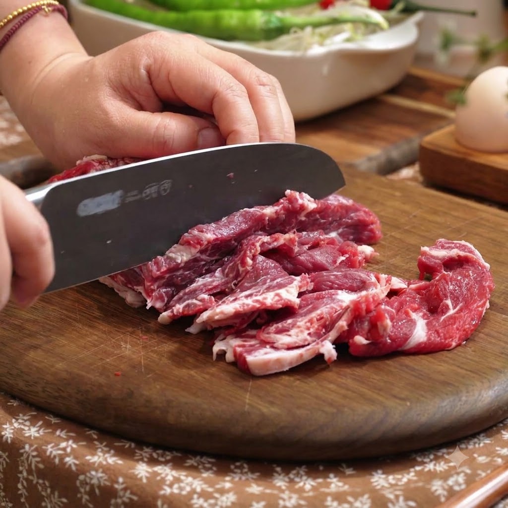 Fines tranches de bœuf cru coupées avec un couteau de cuisine bien aiguisé sur une planche en bois.