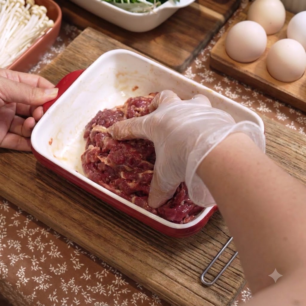 Main gantée mélangeant des assaisonnements et de lhuile dans des tranches de bœuf à lintérieur dun plat rectangulaire rouge.