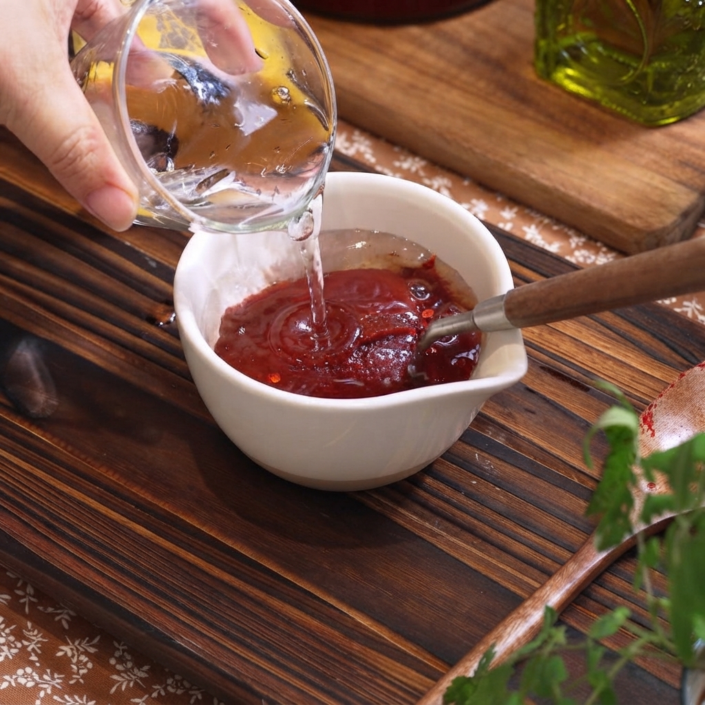 Eau versée dun récipient en verre dans un petit bol blanc contenant de la pâte de piment coréenne et des épices.