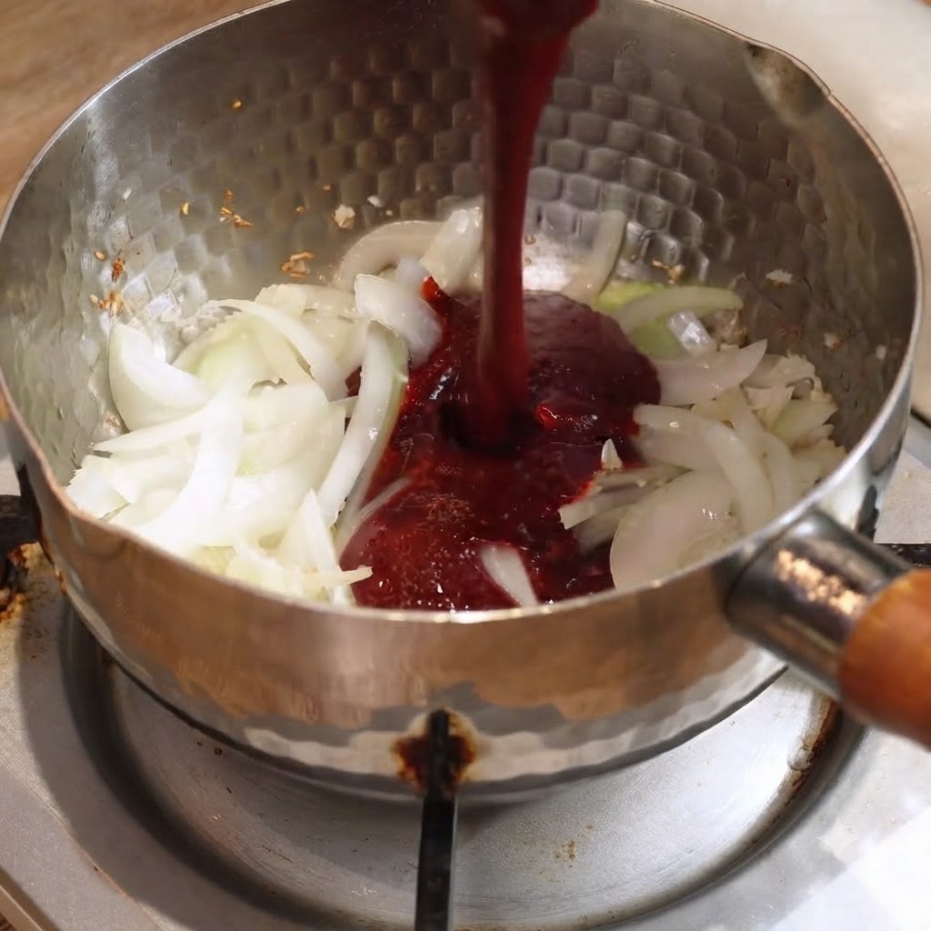 Sauce dassaisonnement rouge versée dans une casserole en métal contenant des oignons sautés sur une table de cuisson.