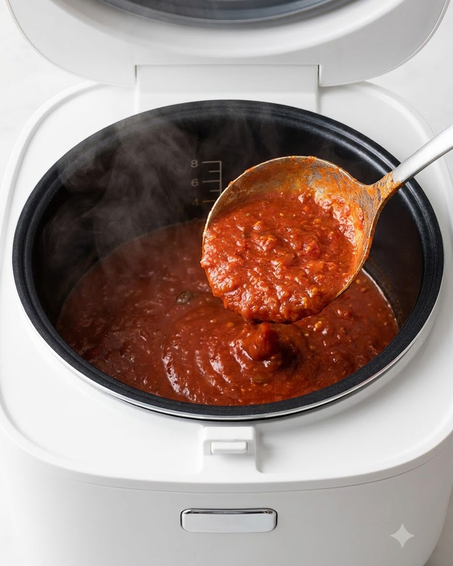 Une louche versant un mélange de soupe rouge riche dans la doublure intérieure noire dun cuiseur de riz électrique blanc.
