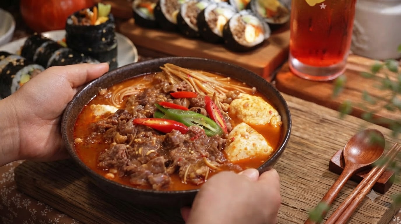 Ragoût Coréen Épicé de Bœuf et Tofu, Kimbap au Bœuf Teriyaki et Bière Sunset