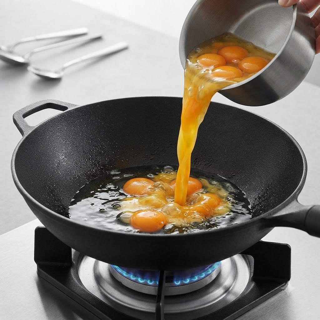 Œufs crus versés dun petit bol en métal dans de lhuile bouillante dans un wok en fonte noire.