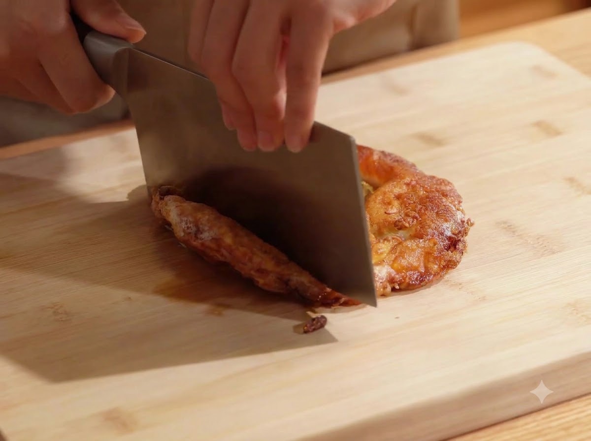 Une personne utilisant un grand hachoir en métal pour couper un œuf frit en morceaux sur une planchette en bois.
