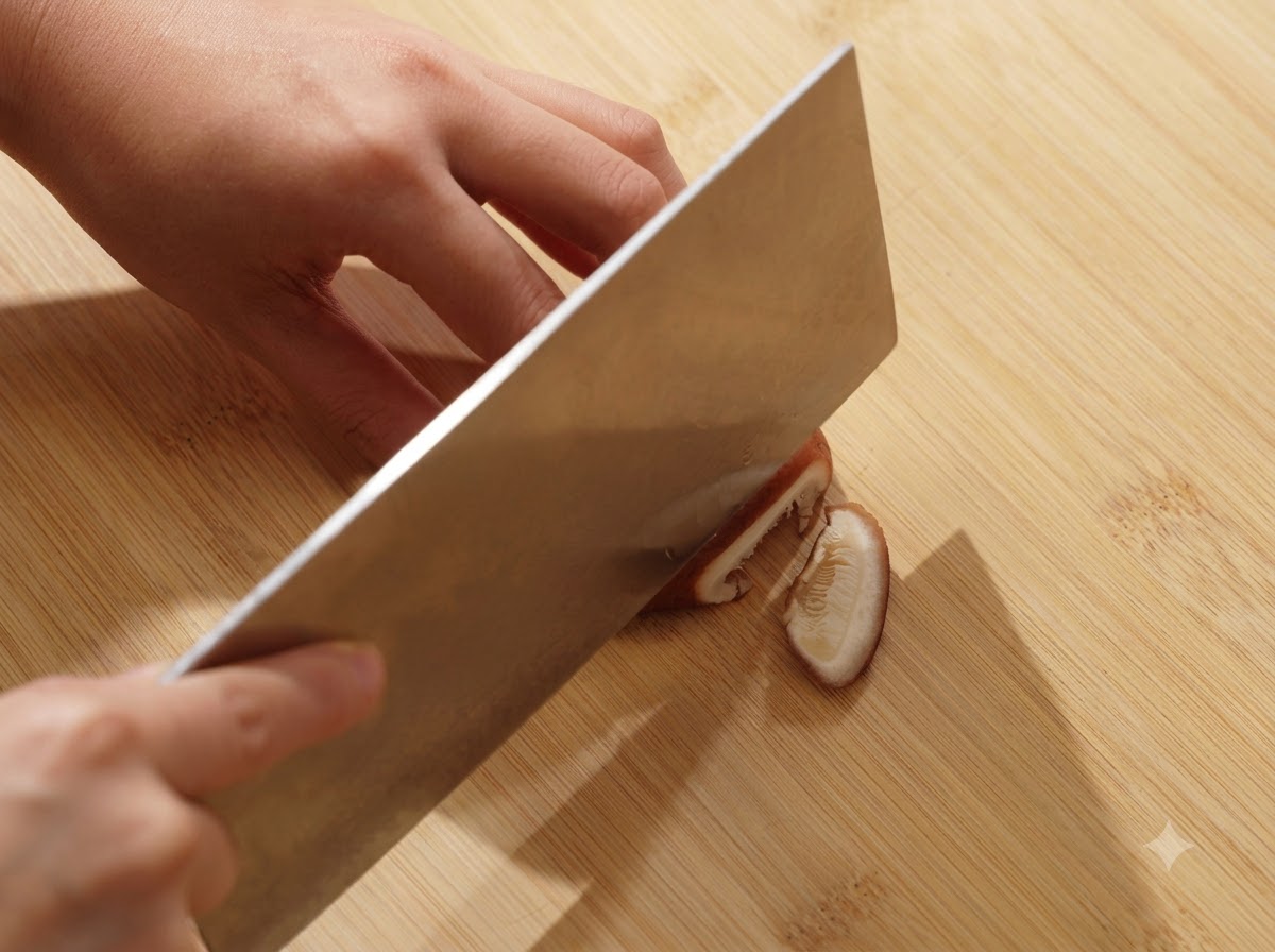 Une main tranchant un champignon shiitake frais avec un hachoir en métal sur une planchette en bois.