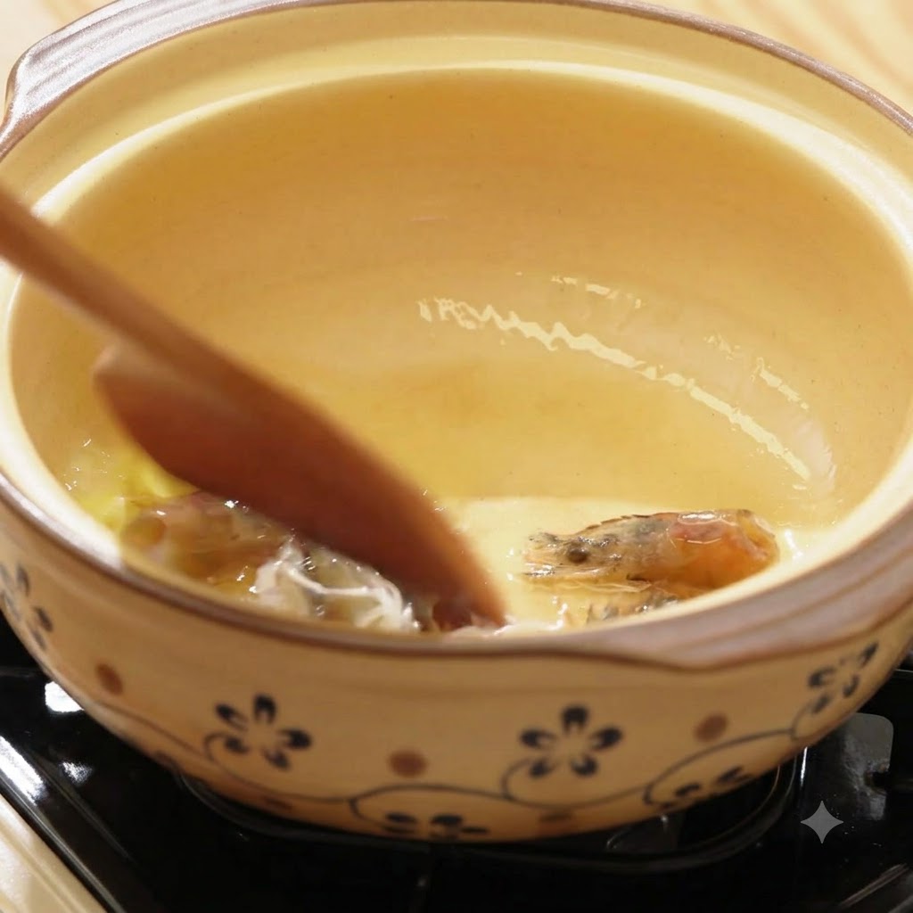 Têtes de crevettes et gingembre sautés dans une cocotte en argile pour libérer lhuile de crevettes orange.