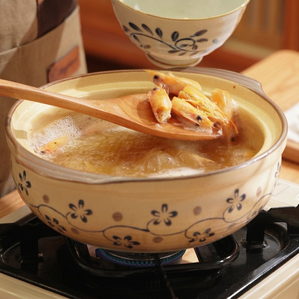 Une cuillère en bois retirant des têtes de crevettes cuites dune casserole de bouillon orange bouillant.