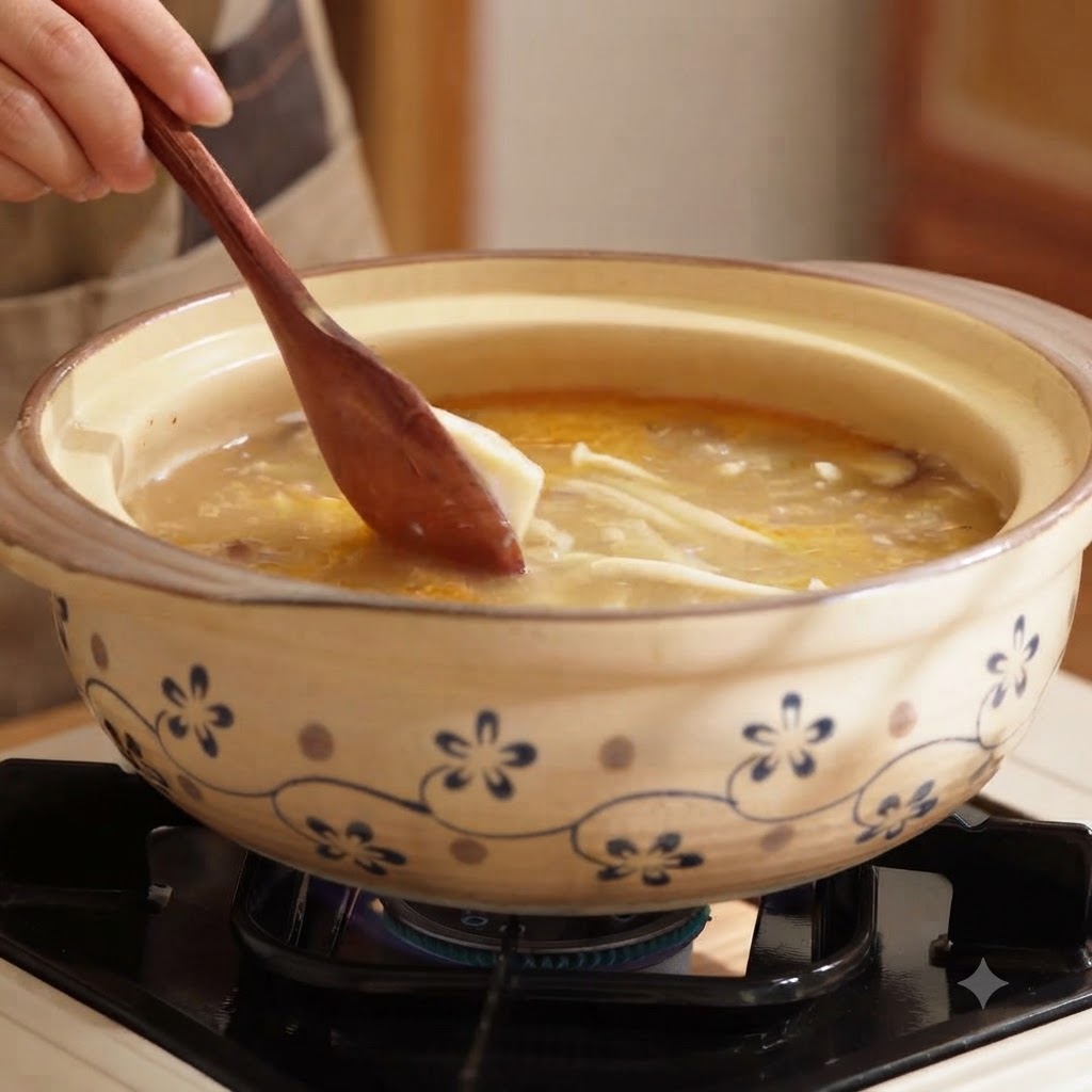 Une cuillère en bois prélevant du tofu soyeux pour lincorporer dans une casserole de soupe aux champignons frémissante.