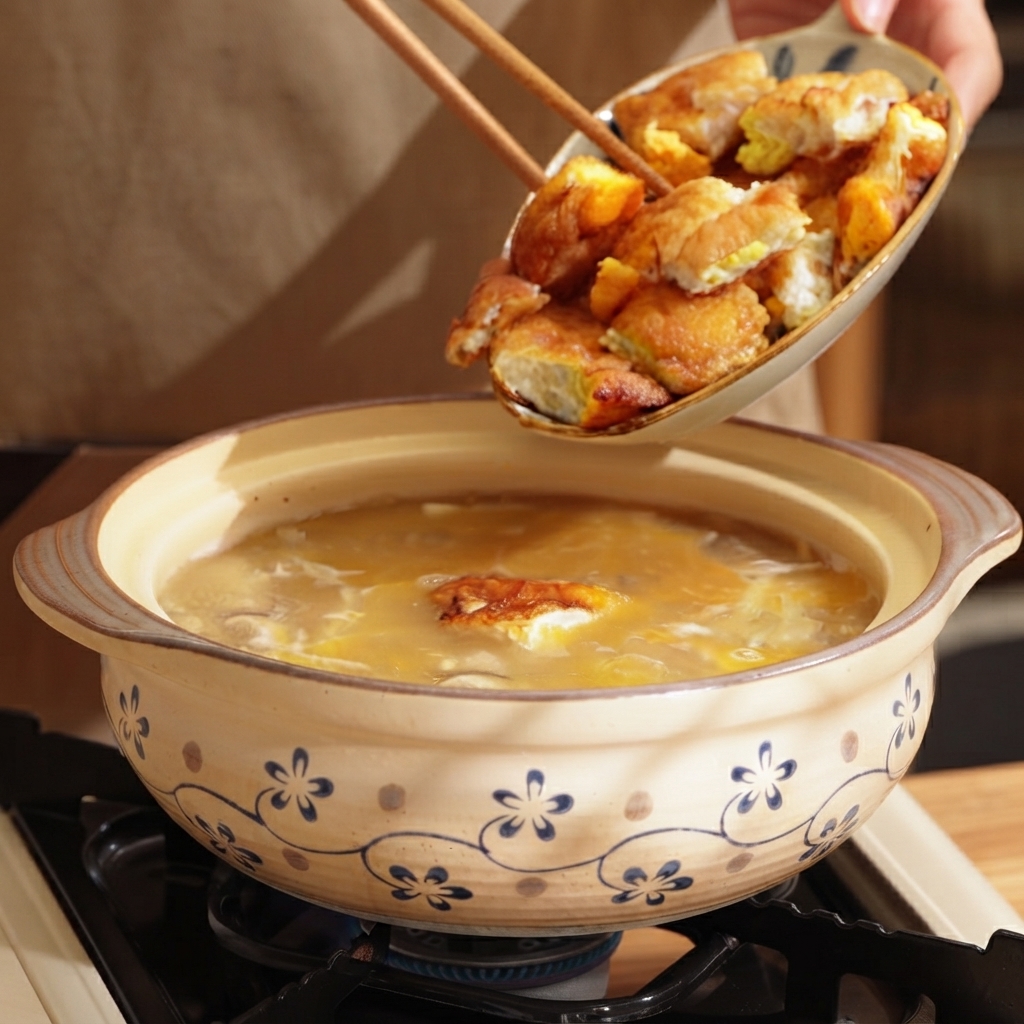Glissement de morceaux dœufs frits hachés depuis une assiette vers une cocotte en argile de soupe frémissante.