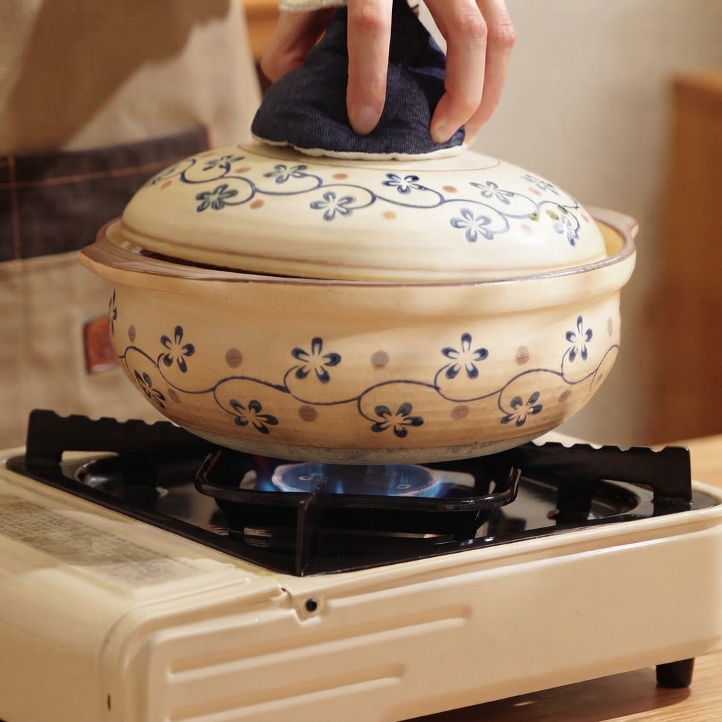 Un couvercle en céramique décoré placé sur une cocotte en argile bouillante sur une cuisinière à gaz.