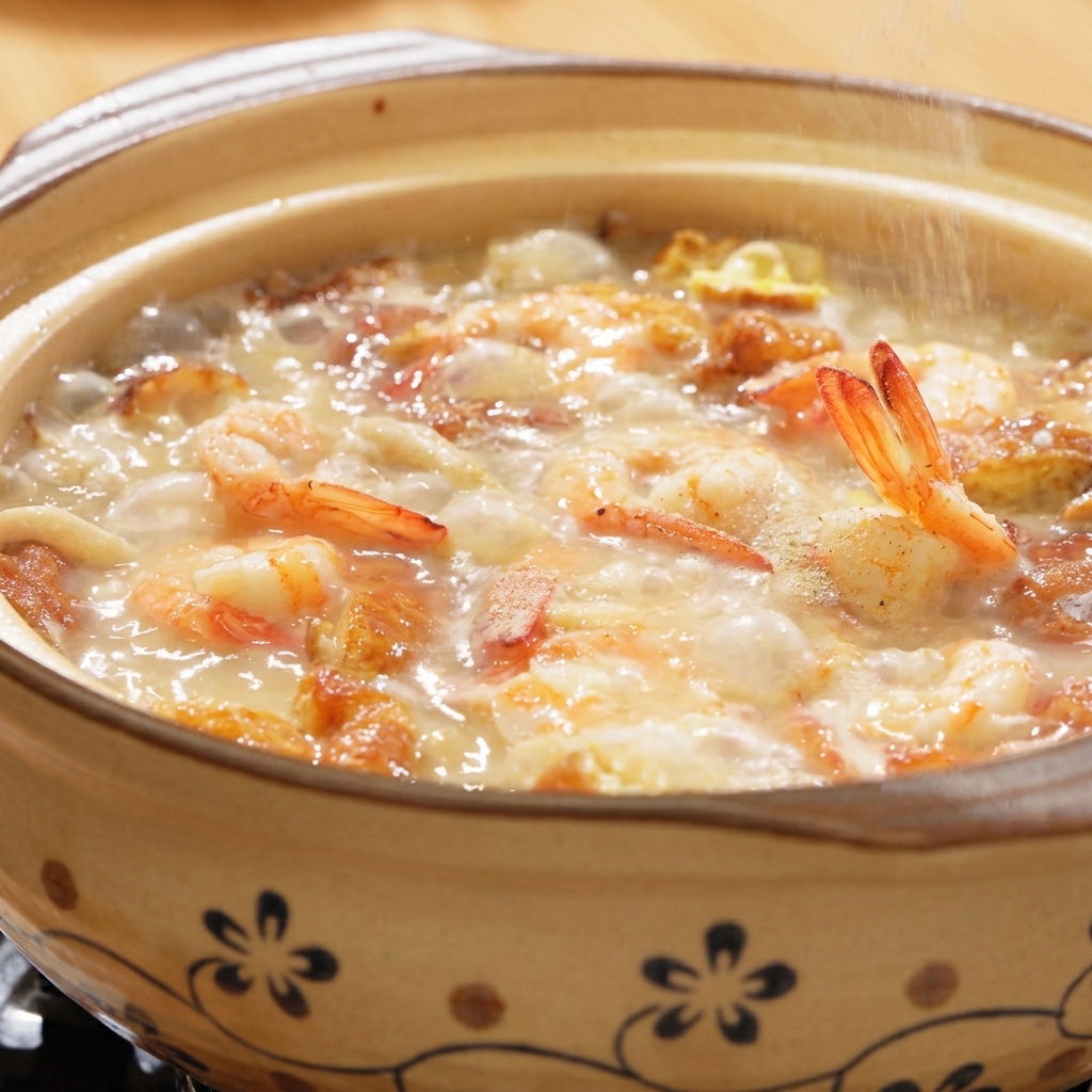 Poudre de poivre blanc et sel saupoudrés dans une cocotte en argile de soupe frémissante.