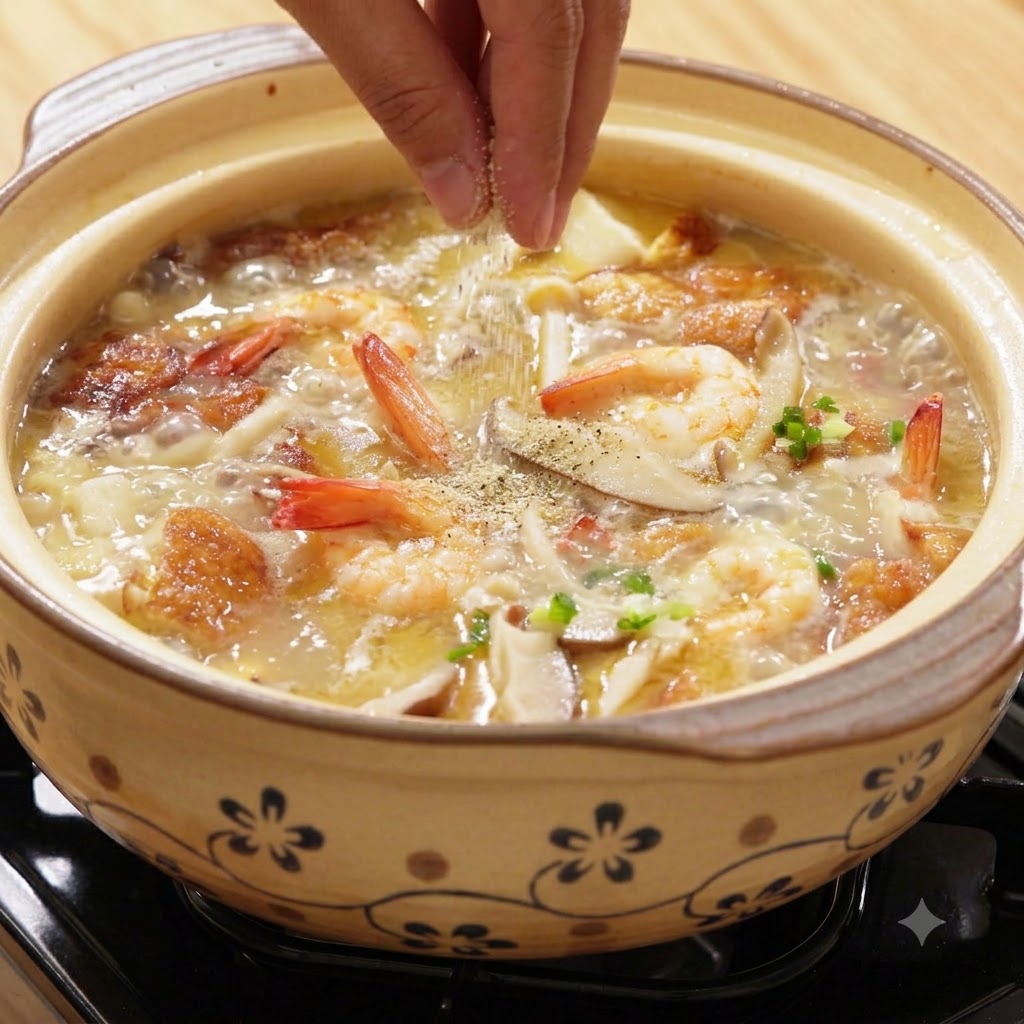 Une main saupoudrant du poivre blanc et du sel dans une cocotte bouillante de soupe aux champignons et crevettes.