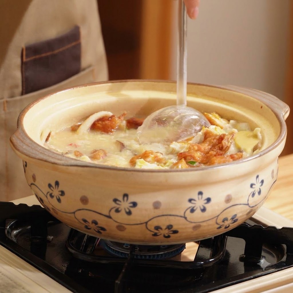 Une louche transparente remuant délicatement une cocotte en argile blanche laiteuse remplie de crevettes, champignons et morceaux dœufs frits.
