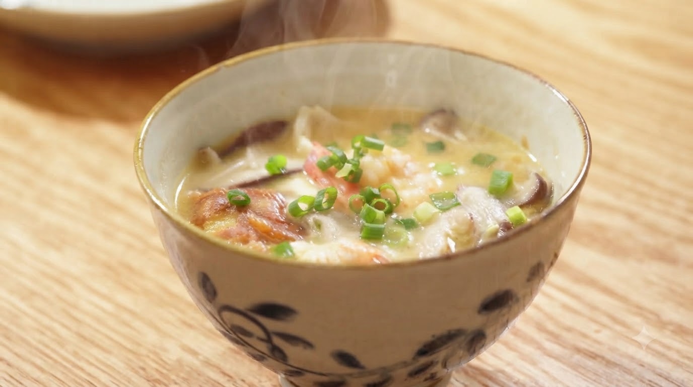 Soupe de Crevettes et Trois Champignons au Bouillon Laiteux