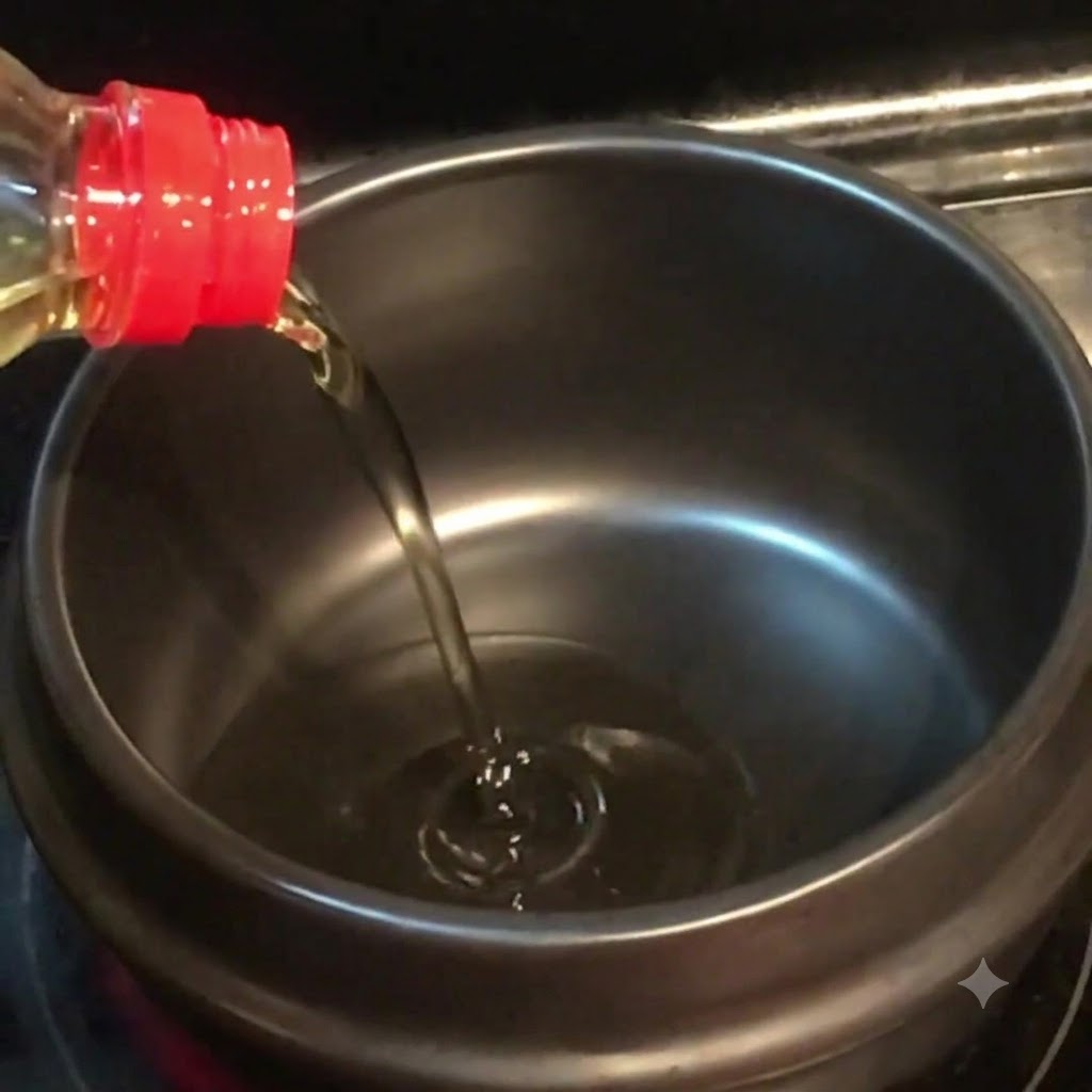 Huile végétale et huile de sésame versées dans un pot en pierre sombre sur un feu.