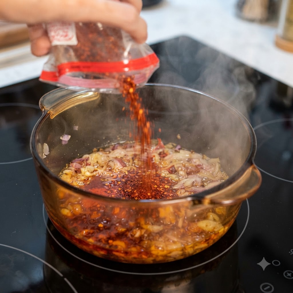 Poudre de piment grossière et fine versée à partir dun sachet dans un pot rempli doignons sautés et dhuile.