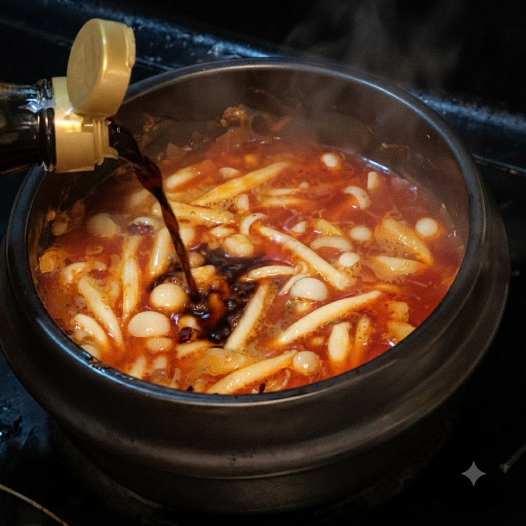Sauce soja claire versée dune bouteille dans un bouillon rouge bouillonnant contenant des champignons.
