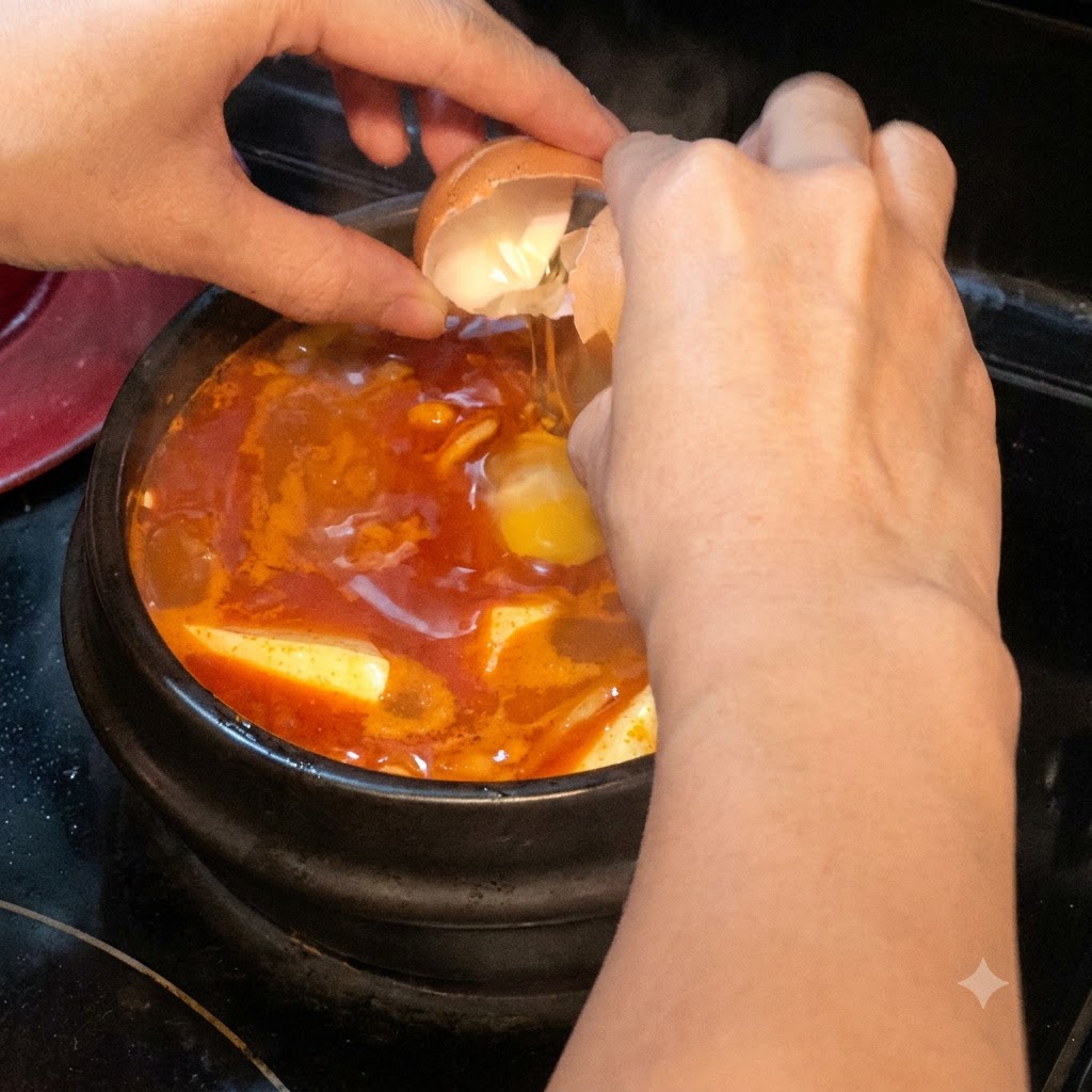 Un œuf cassé directement dans la soupe rouge frémissante contenant du tofu soyeux et des champignons.