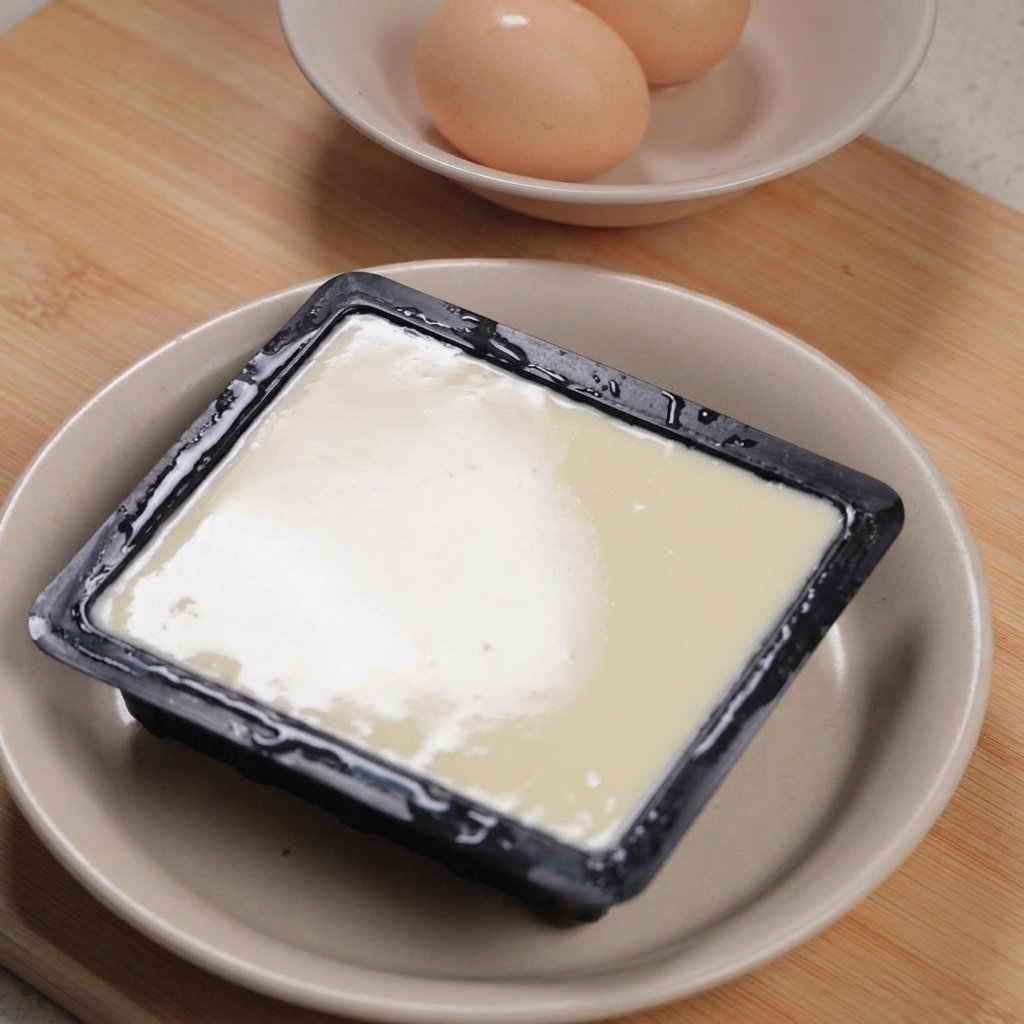 Un paquet de tofu soyeux dans un bol à côté dun petit bol contenant deux œufs crus sur une surface en bois.