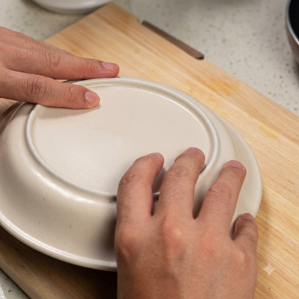 Mains tenant une assiette blanche à lenvers sur un bloc emballé de tofu soyeux sur une planche en bois.