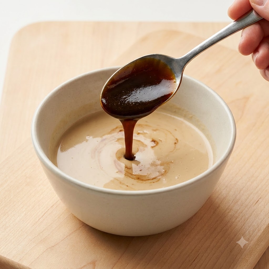 Sauce soja claire versée dune cuillère dans un bol de sauce salade crémeuse au sésame et de poivre noir.