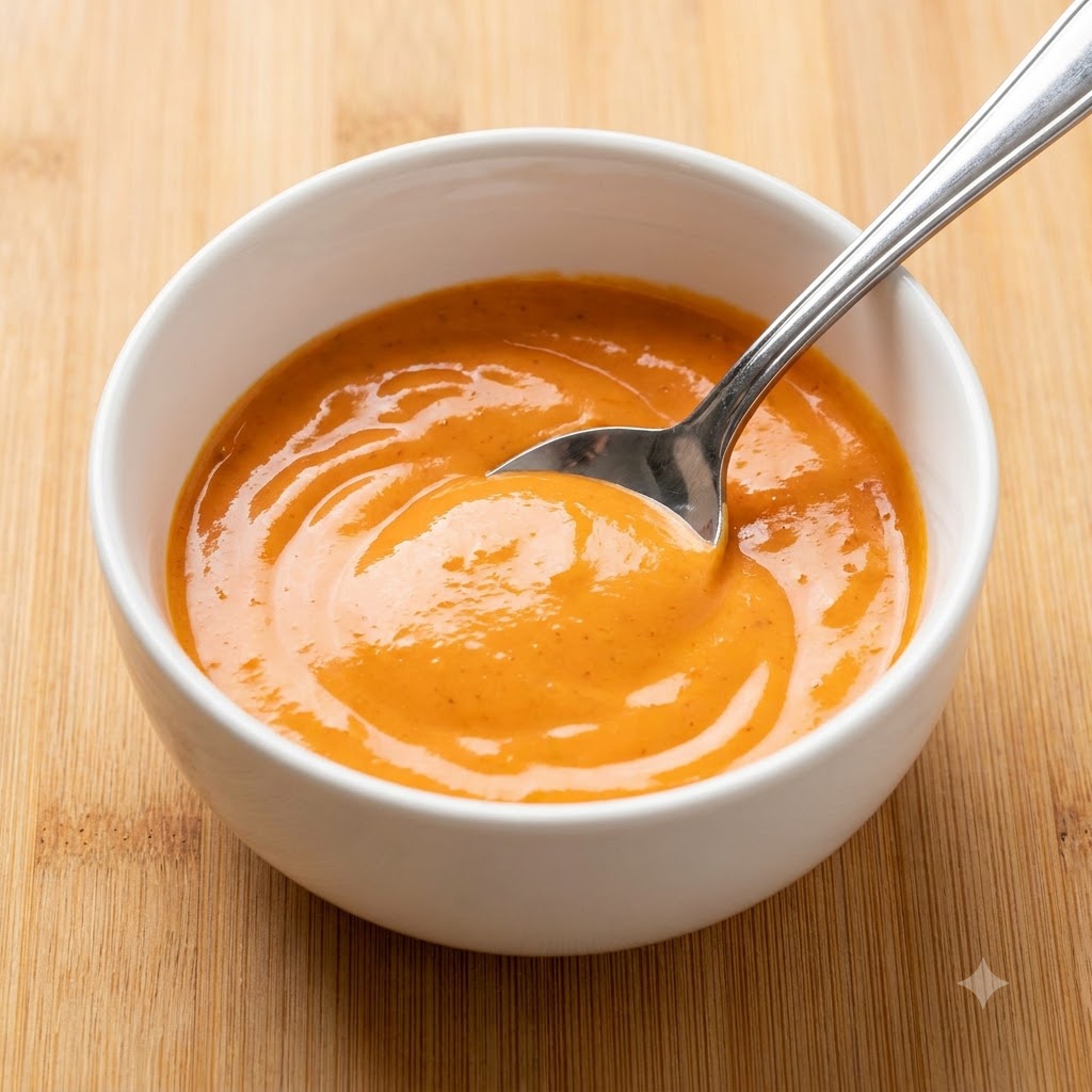 Une cuillère mélangeant une sauce lisse beige orangé au sésame dans un bol blanc.