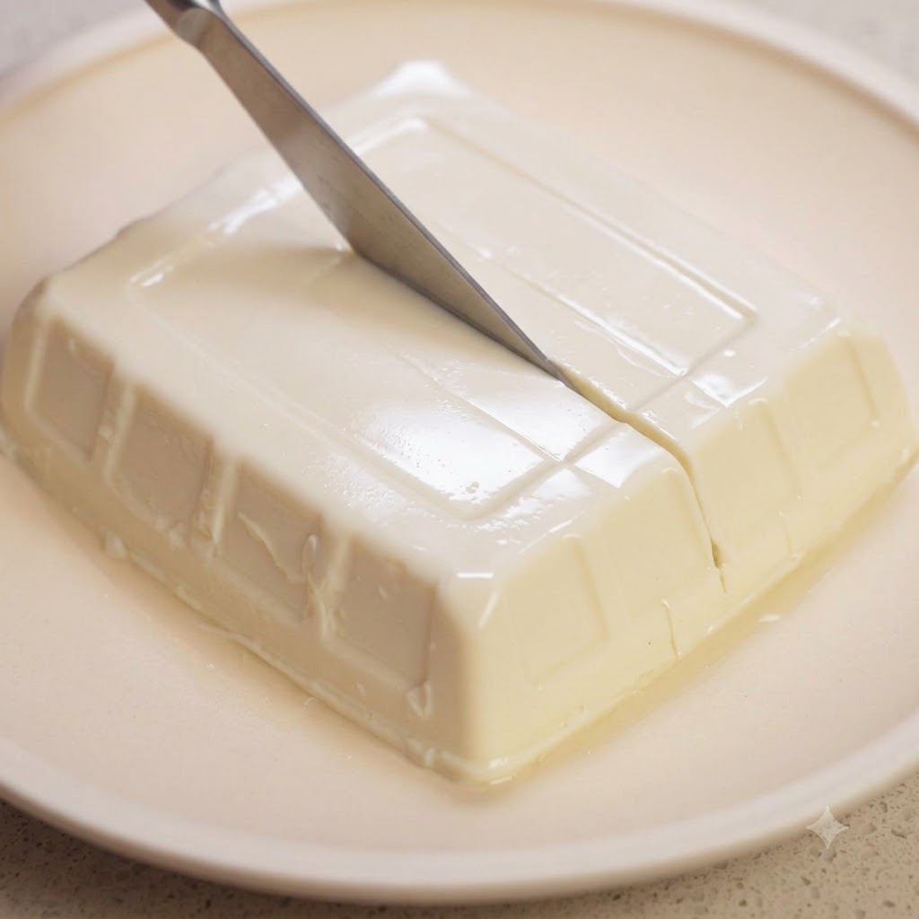 Un couteau de cuisine coupant un bloc de tofu soyeux blanc en carrés réguliers sur une assiette claire.