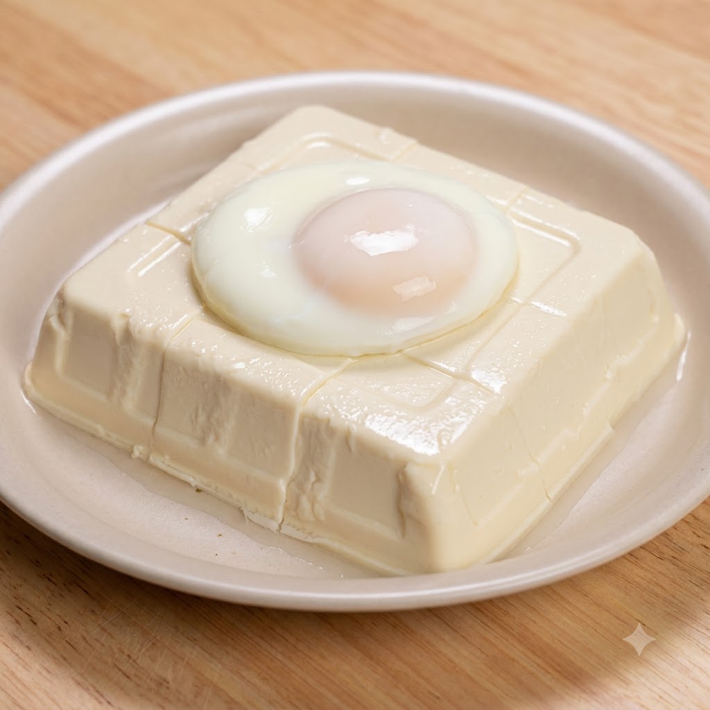 Un œuf mollet reposant sur le dessus dun bloc carré de tofu soyeux sur une assiette.