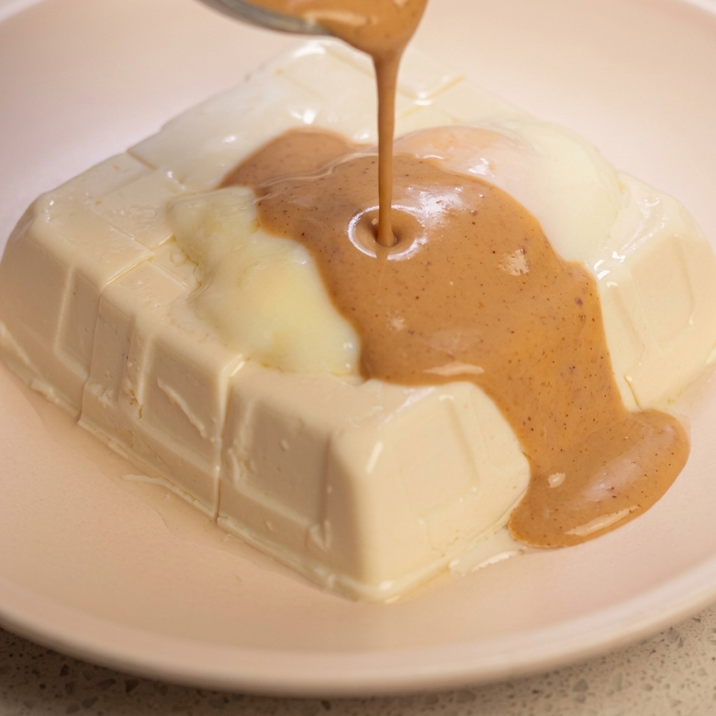 Sauce au sésame versée par-dessus un œuf mollet et du tofu soyeux.