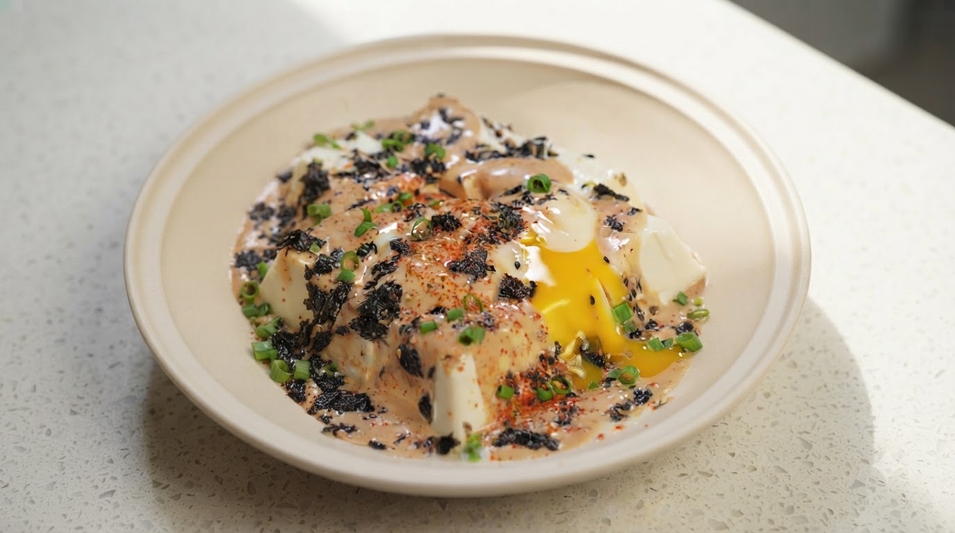 Tofu Soyeux à la Sauce Sésame et Œuf Onsen