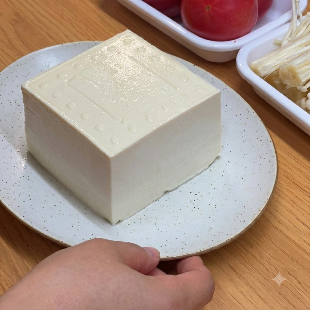 Un bloc de tofu blanc frais posé sur une assiette blanche mouchetée sur une surface en bois.