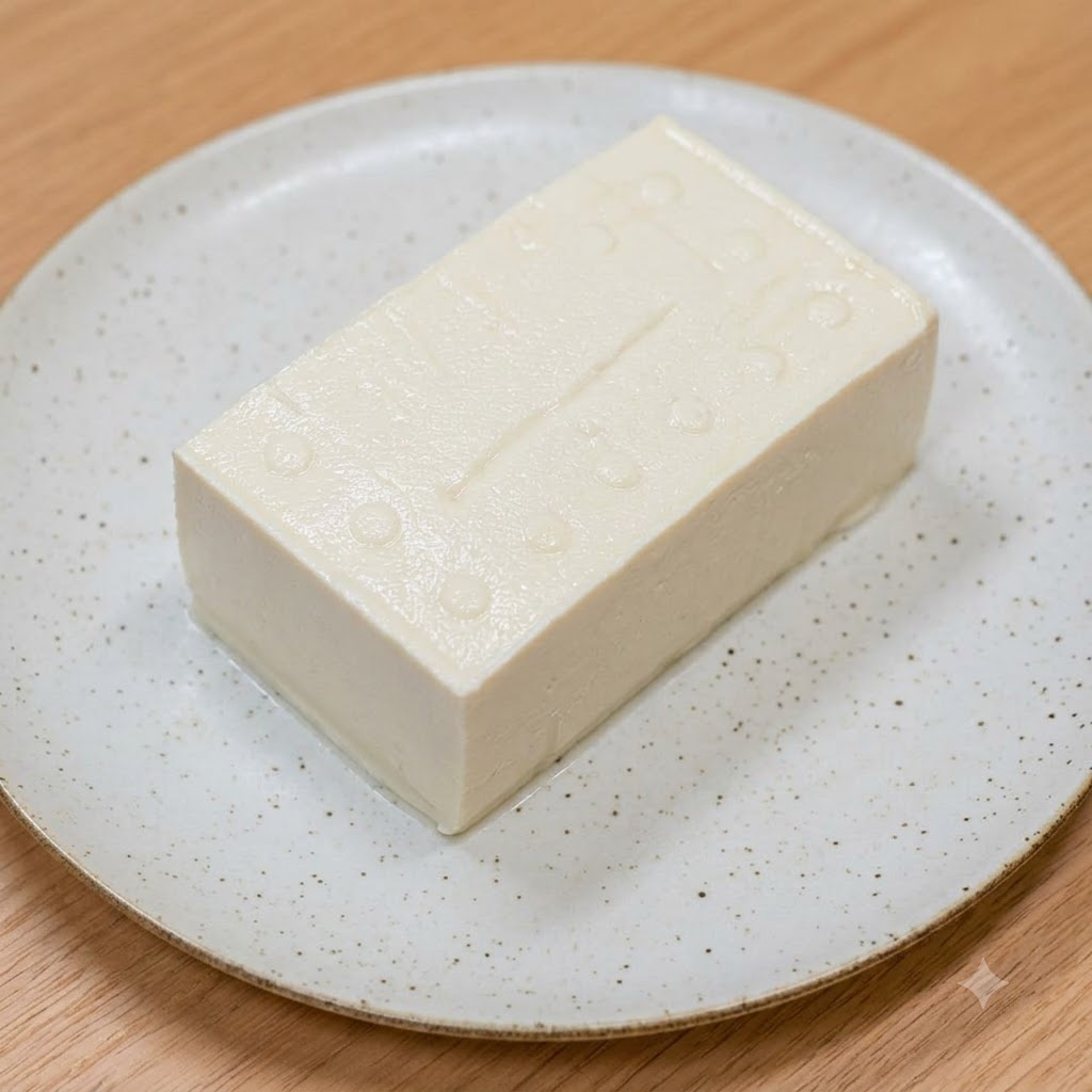 Un bloc de tofu blanc tendre reposant sur une assiette en céramique blanche sur une surface en bois.