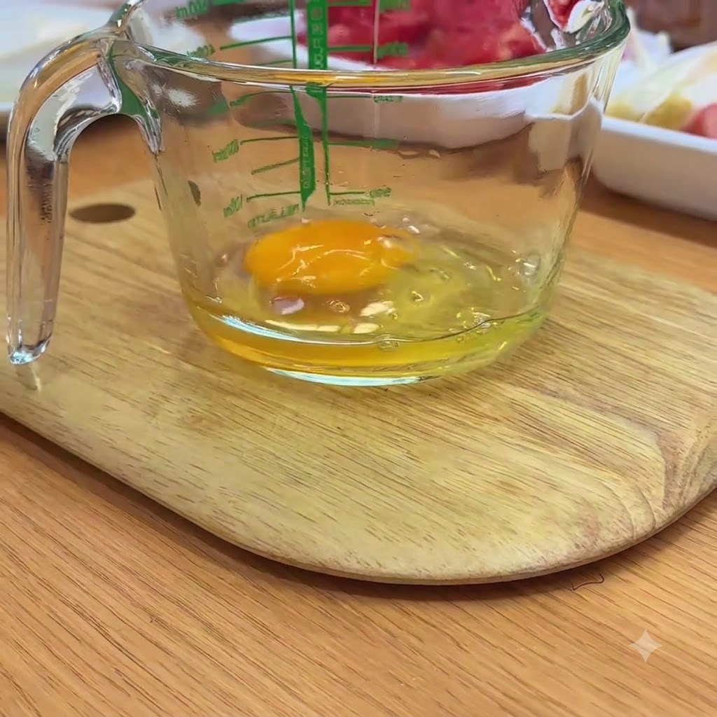 Un œuf cassé dans un verre mesureur posé sur une planche à découper en bois.