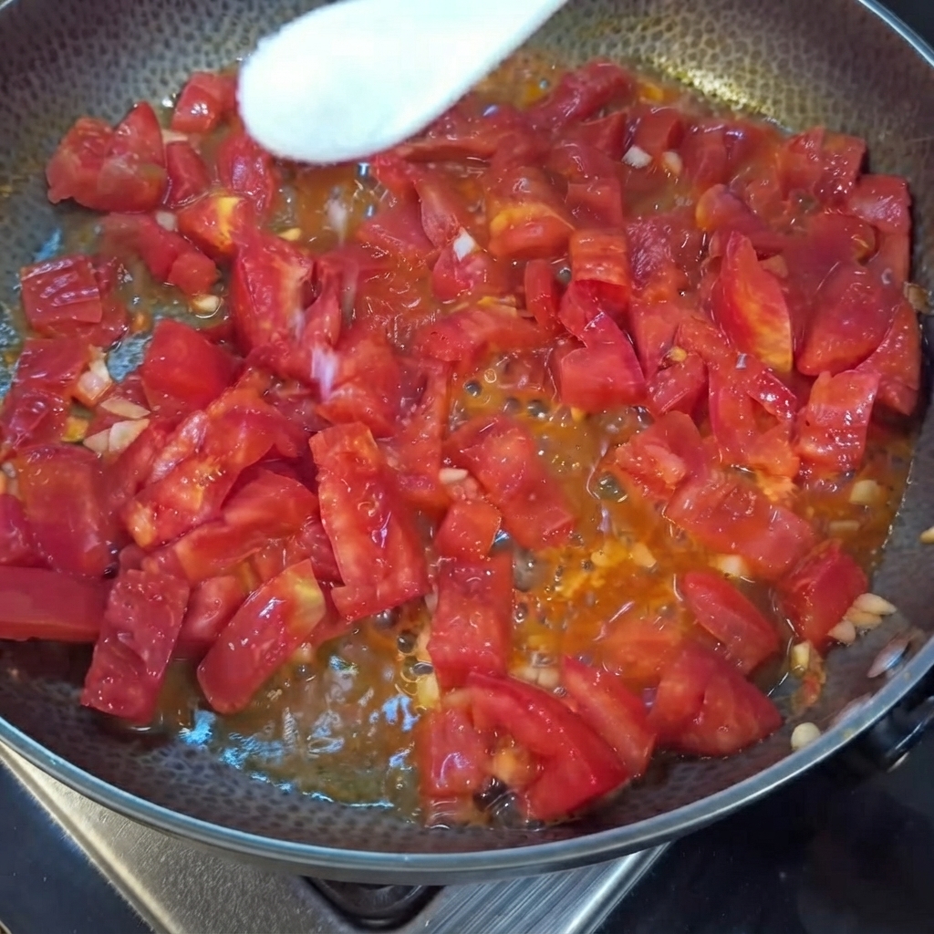 Une cuillère blanche saupoudrant du sel sur des tomates rouges coupées en train de cuire dans une poêle.