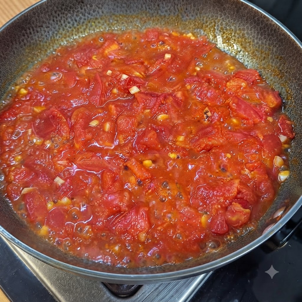 Des tomates hachées réduites en une sauce rouge riche et bouillante dans une poêle.