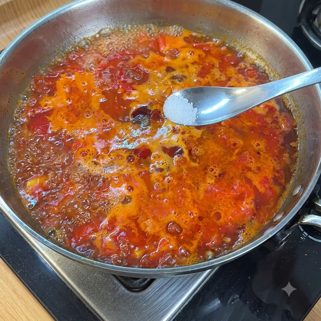 Une cuillère tenant du sel au-dessus dun bouillon de tomates rouge frémissant dans une poêle en métal.