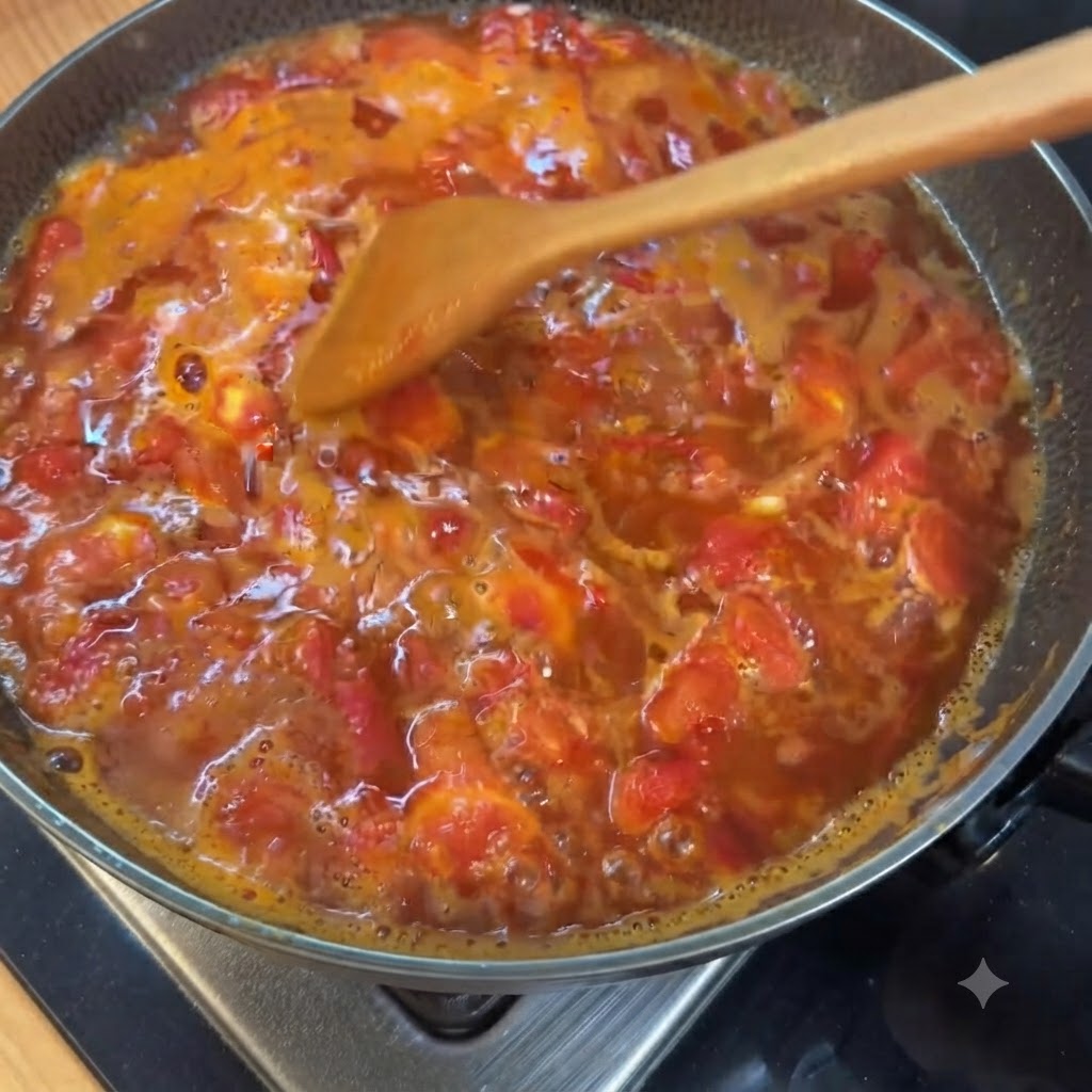 Un bouquet de champignons enoki frais jetés dans une casserole de bouillon de tomates frémissant.